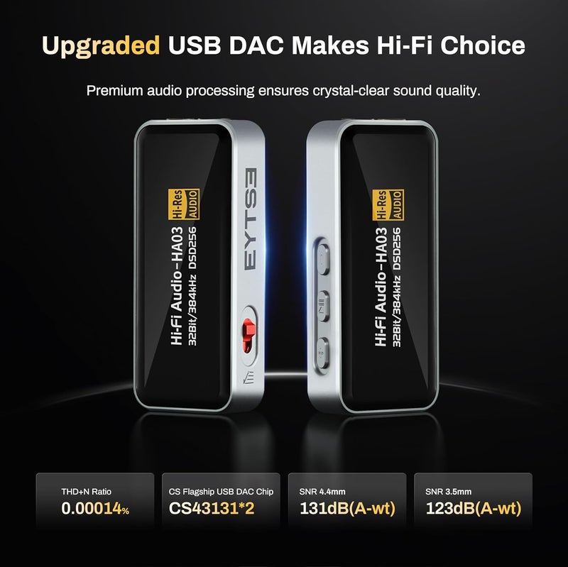 EYTSE مضخم صوت سماعات USB C DAC محمول، HiFi 32Bit/384kHz DSD256 ثنائي CS43131، ميني DAC أمب، موصل 3.5mm/4.4mm، محول صوت للهواتف/الكمبيوترات/اللاب توب/الأجهزة اللوحية، فضي - Image 3